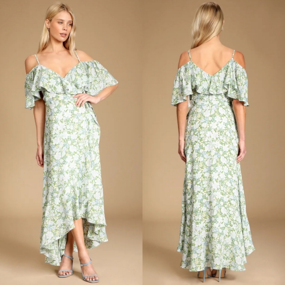 Lulu's Off-Shoulder Floral Maxi Dress Women's XS Green Ruffle Spring Romantic